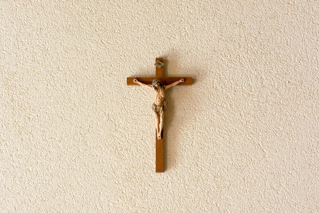 Simple Catholic home altar with Sacred Heart imagery.
