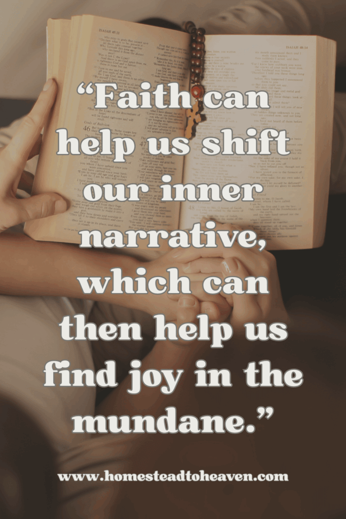 Faith can help us quote in front of image of adult and child hands praying with a Bible